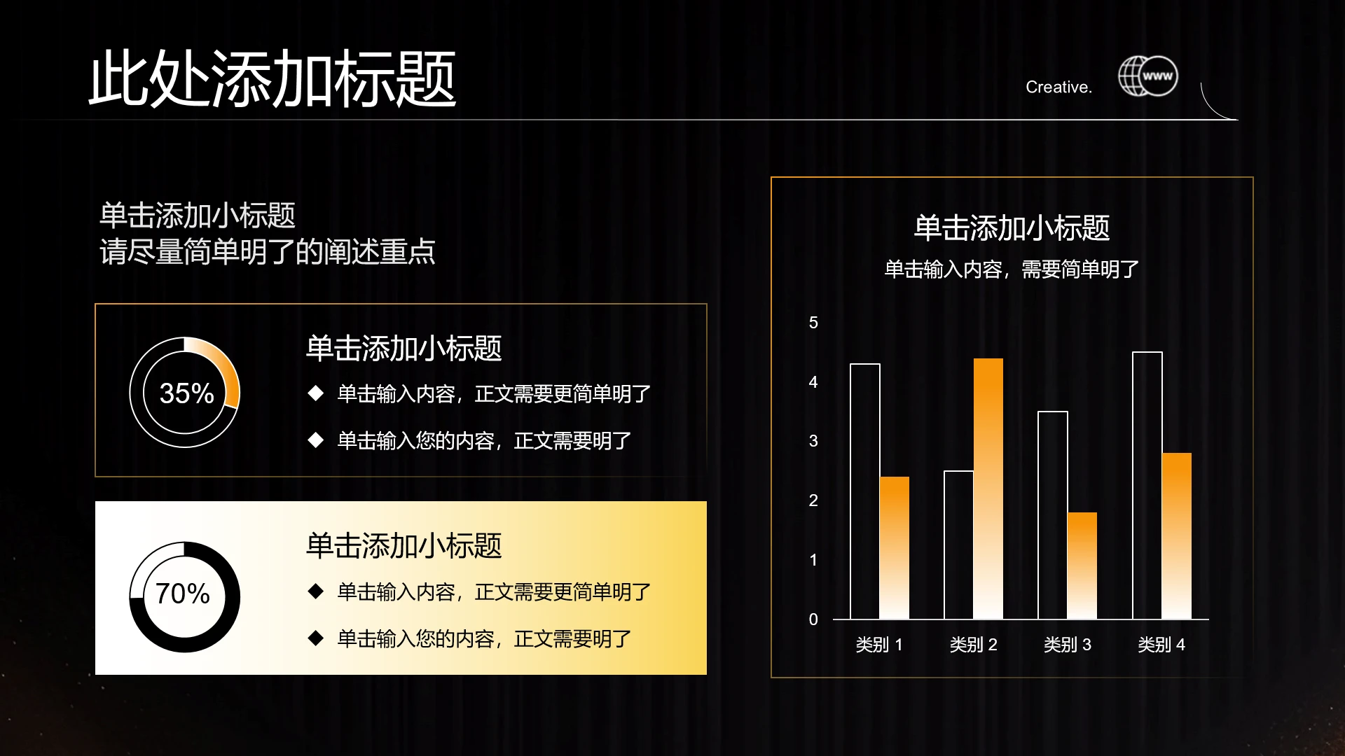 橙黄色科技风3项环形柱状图表PPT模板