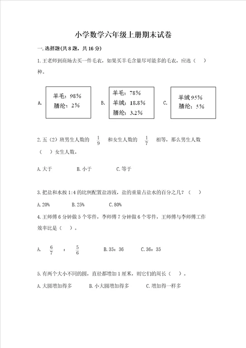 小学数学六年级上册期末试卷附完整答案夺冠系列