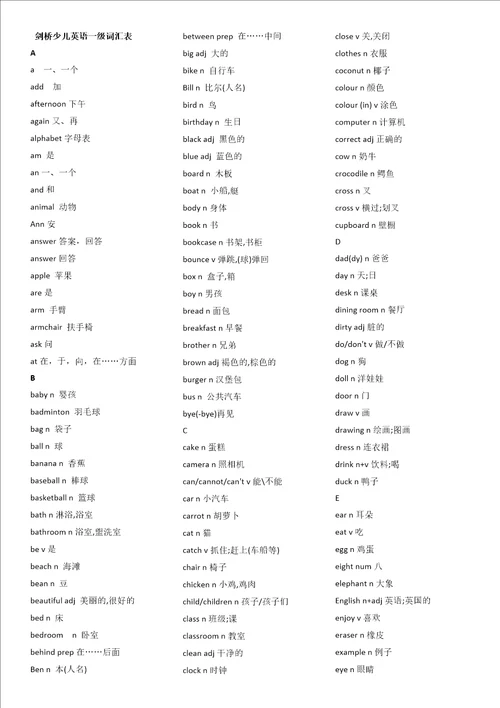 剑桥少儿英语13级词汇表格