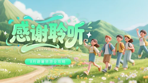 浅绿色3D风格8月旅游攻略