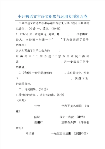 小升初语文古诗文积累与运用专项复习卷