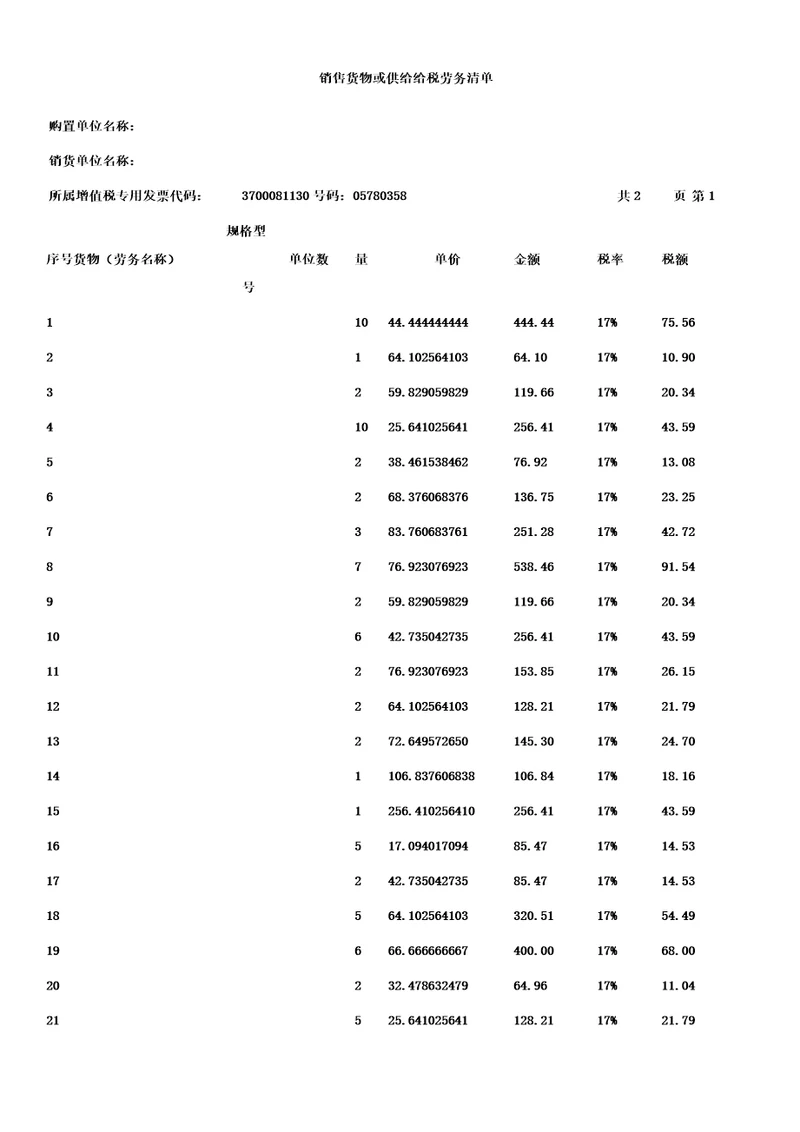 增值税销售货物或者提供应税劳务清单模板