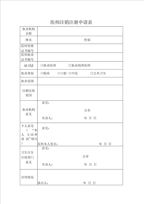 医师注销注册申请表