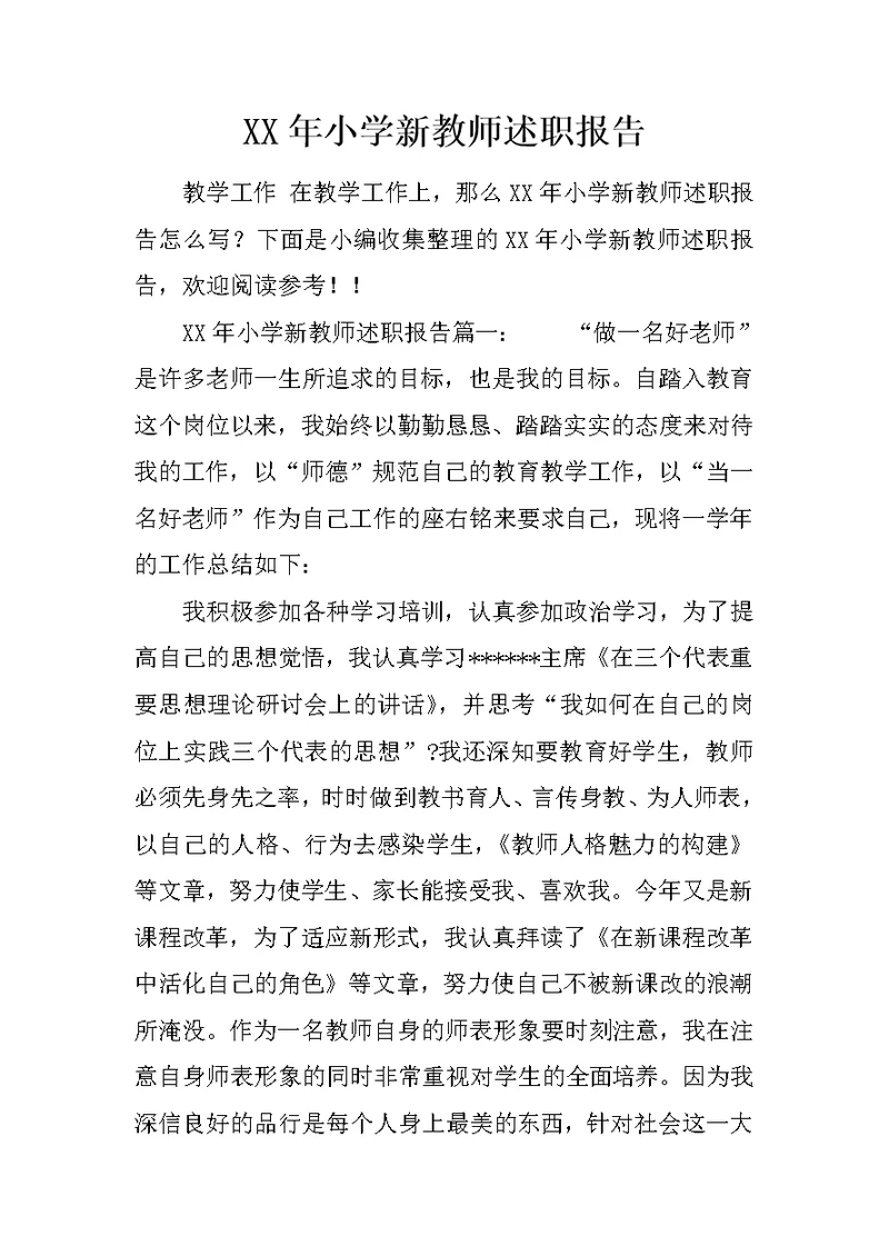 XX年小学新教师述职报告