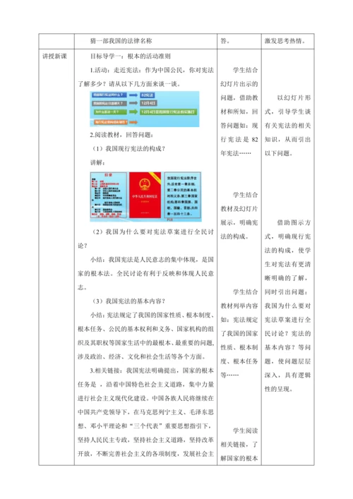 【核心素养目标】2.1 坚持依宪治国 教学设计（表格式）人教版八年级道德与法治 下册