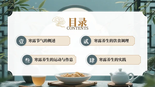 茶蓝色中国风寒露养生节气介绍PPT模板