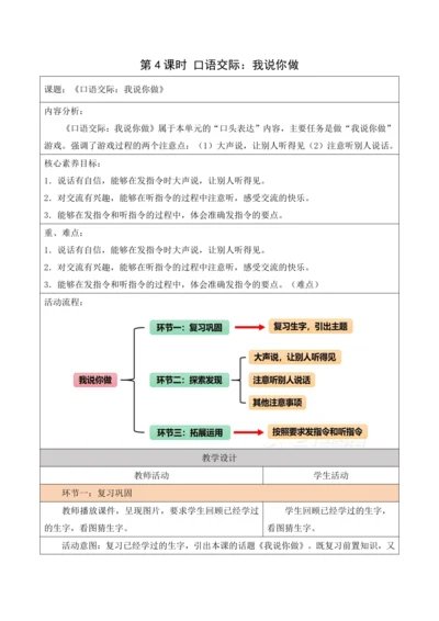 部编1A 第1单元 第4课 口语交际：我说你做 教学设计