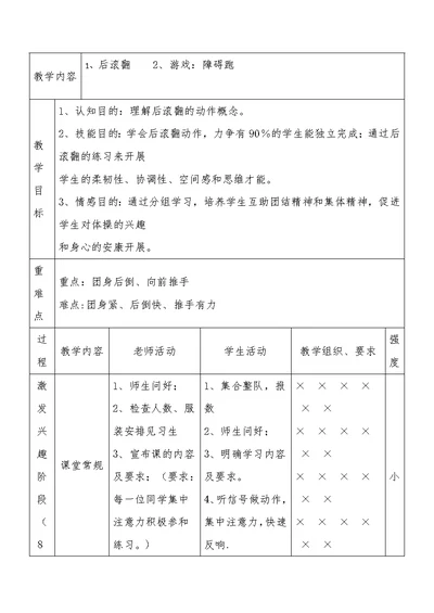 教学内容后滚翻 2、游戏：障碍跑教