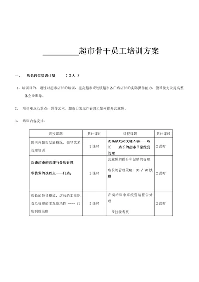 超市骨干员工培训方案