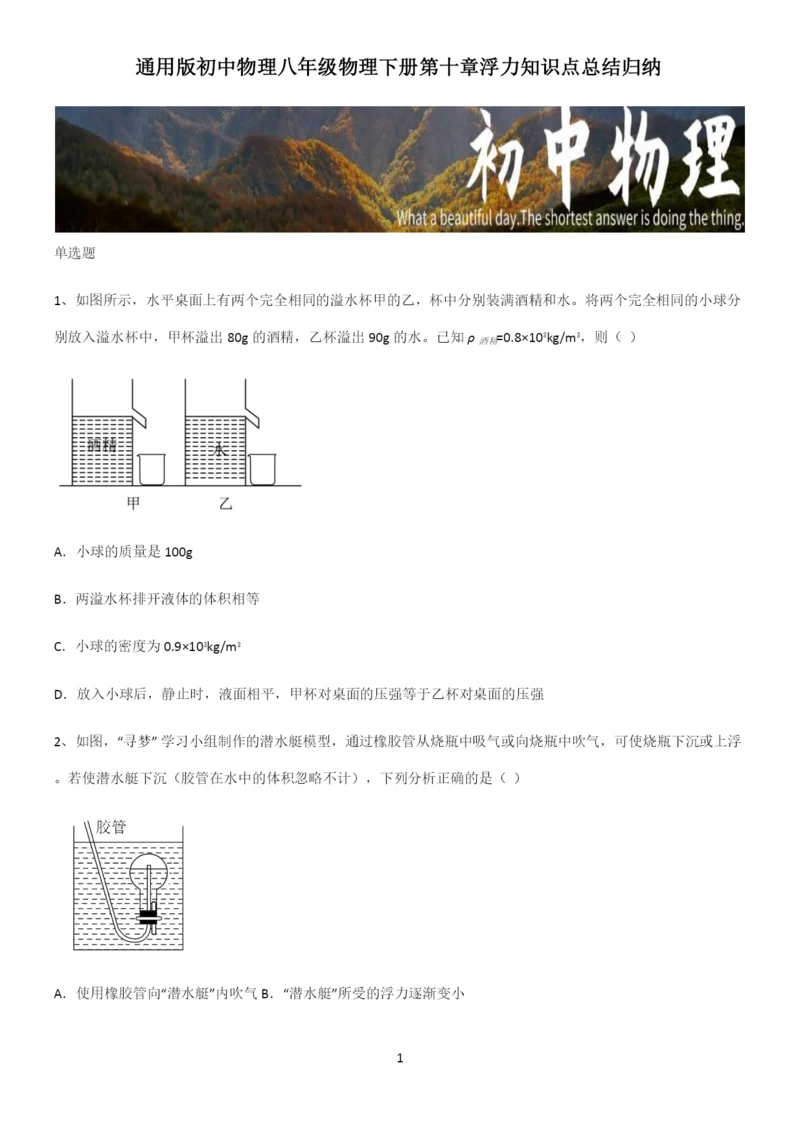 通用版初中物理八年级物理下册第十章浮力知识点总结归纳.docx