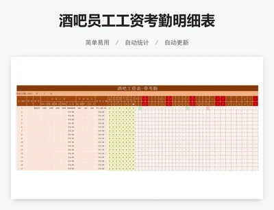 酒吧员工工资考勤明细表