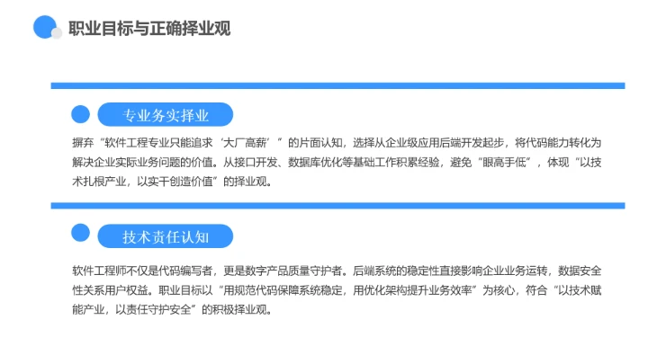 蓝色商务风软件工程专业大学生职业生涯规划发展展示PPT模版