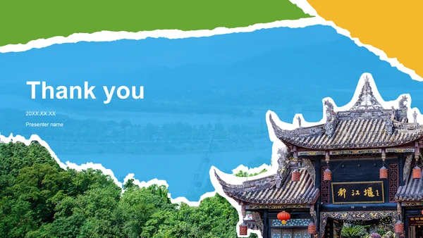 蓝色撕纸风都江堰旅游攻略：自然与人文之美PPT主题
