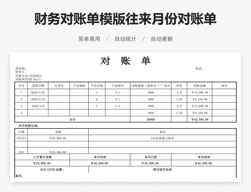 财务对账单模版往来月份对账单