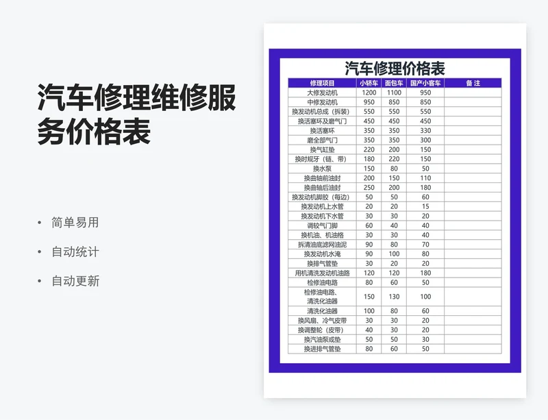 汽车修理维修服务价格表