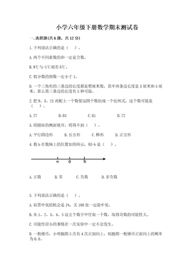 小学六年级下册数学期末测试卷（突破训练）wod版