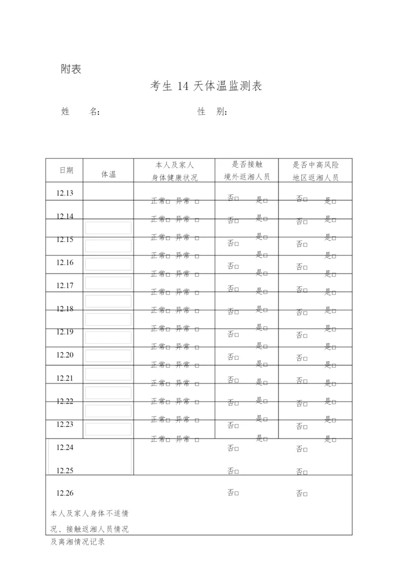 湖南地区·考生14天体温监测表.docx