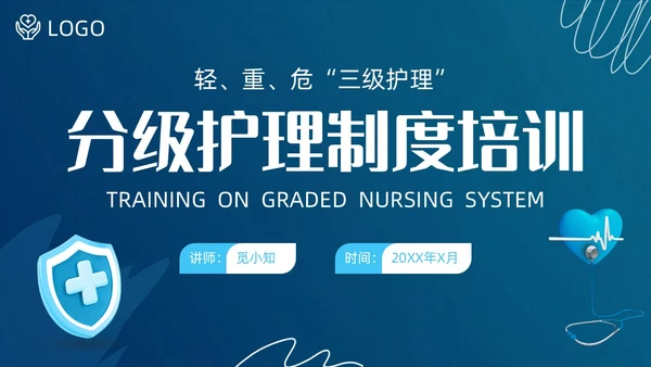 蓝色简约商务护士医务分级护理制度培训总结PPT