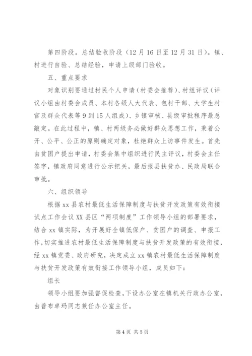 XX镇农村最低生活保障制度与扶贫开发政策有效衔接试点工作实施方案.docx