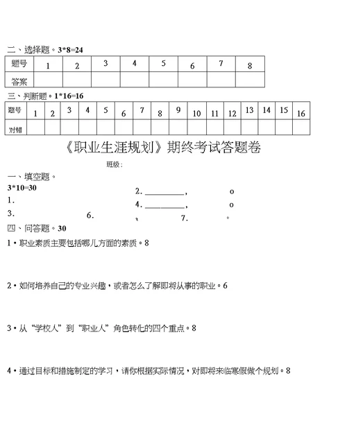 职业生涯规划期末卷