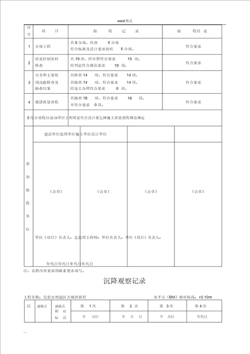 分部工程验收汇总表格