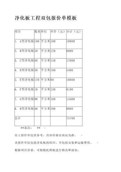 净化板工程双包报价单