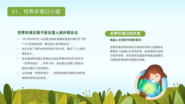 蓝色绿色小清新卡通插画世界环境日科普教育动态PPT