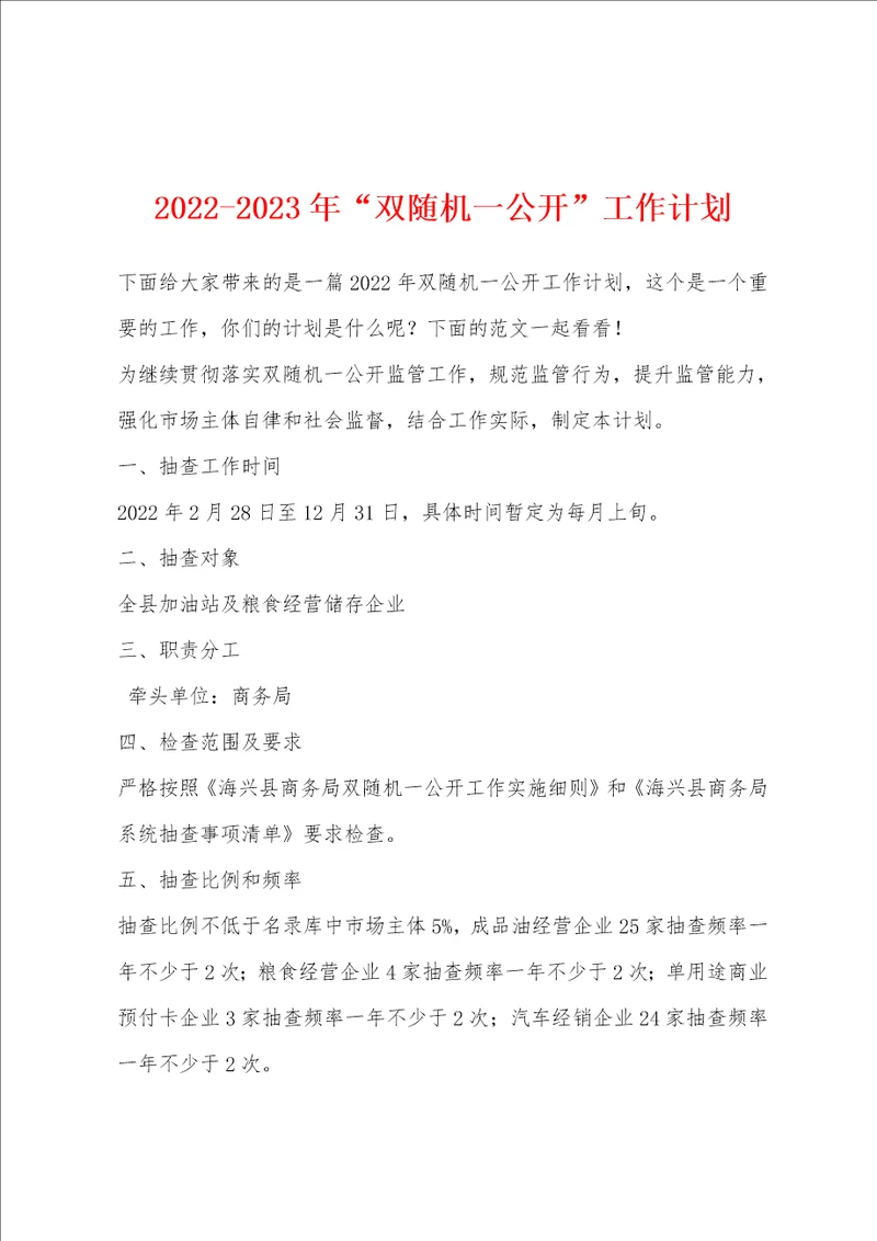 20222023年“双随机一公开工作计划