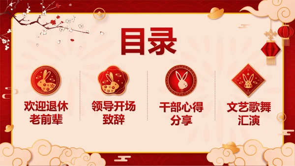 红色中国风兔子新春茶话会带内容PPT模板