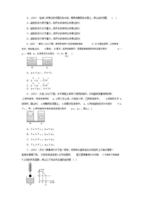 2019中考物理各章节重难点知识点分类汇总第十一章浮力