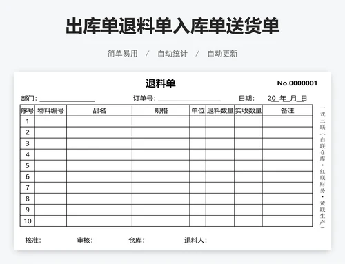 出库单退料单入库单送货单