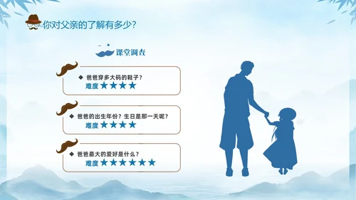蓝色水墨剪影父爱如山中小学父亲节节日介绍主题班会PPT