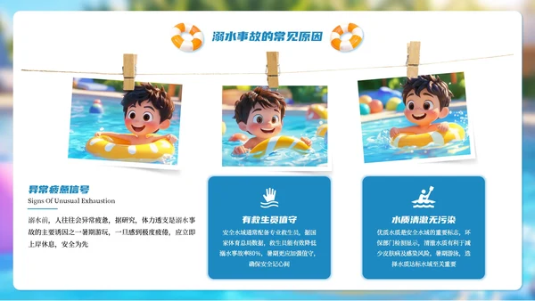 蓝色卡通3D预防溺水主题班会PPT模板
