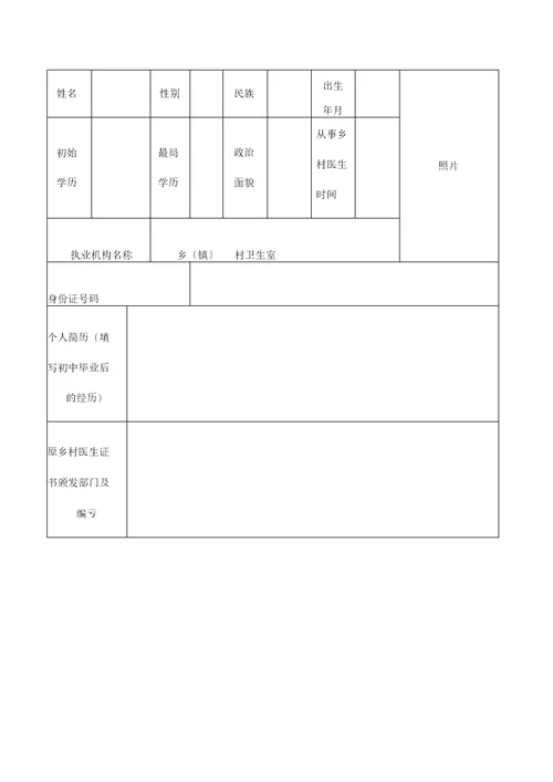 乡村医生执业注册申请审批表