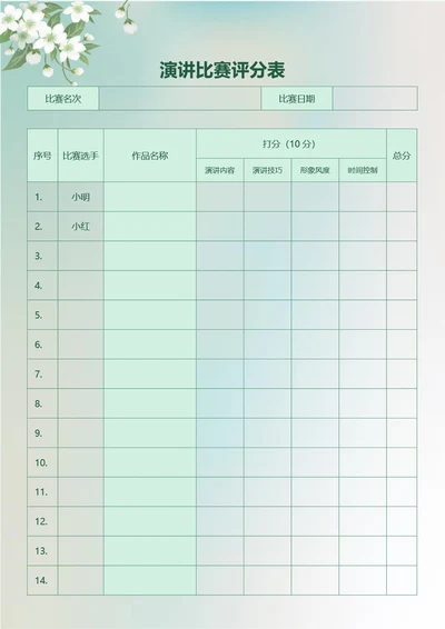 绿色小清新演讲比赛评分表