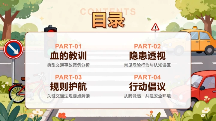 手绘卡通插画风交通安全日科普主题班会PPT模板