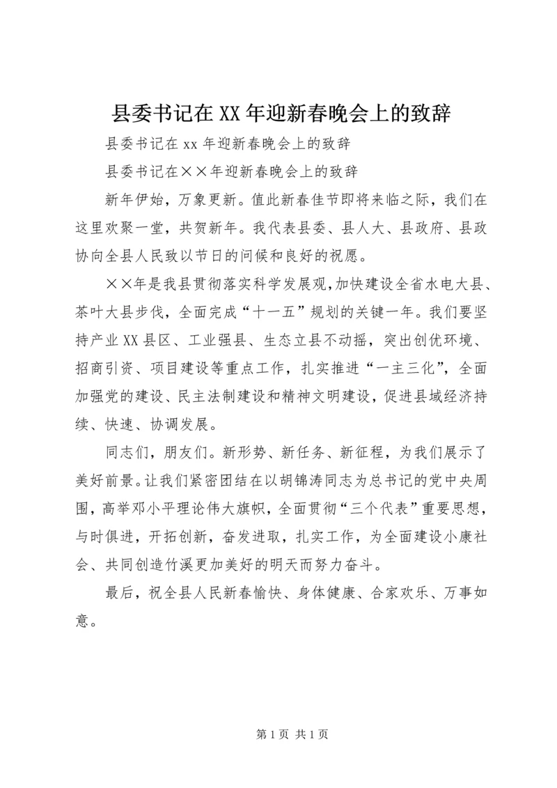 县委书记在XX年迎新春晚会上的致辞.docx