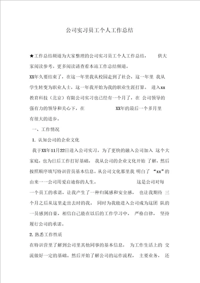 公司实习员工个人工作总结