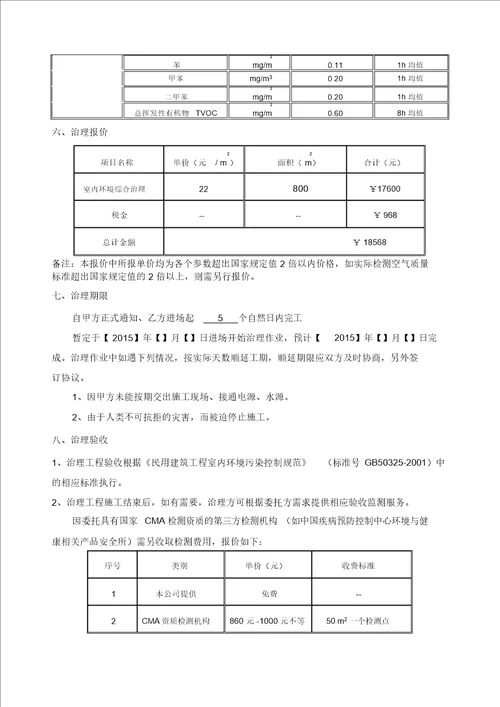 室内空气污染治理服务报价方案