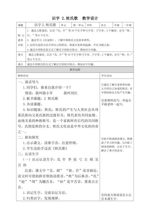 【核心素养】识字 2.姓氏歌   教案