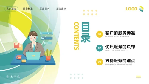 绿色插画客服服务意识培训PPT模板宣传PPT动态PPT