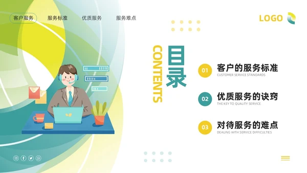 绿色插画客服服务意识培训PPT模板宣传PPT动态PPT