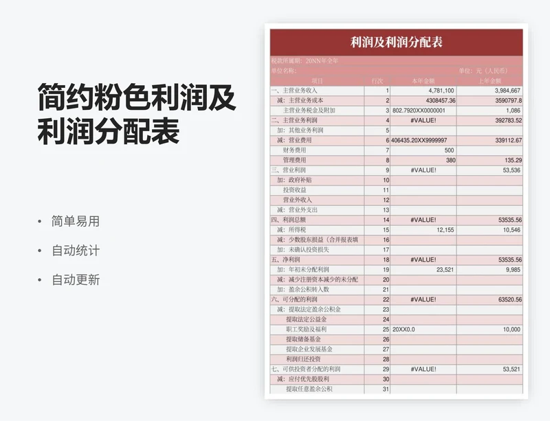 简约粉色利润及利润分配表