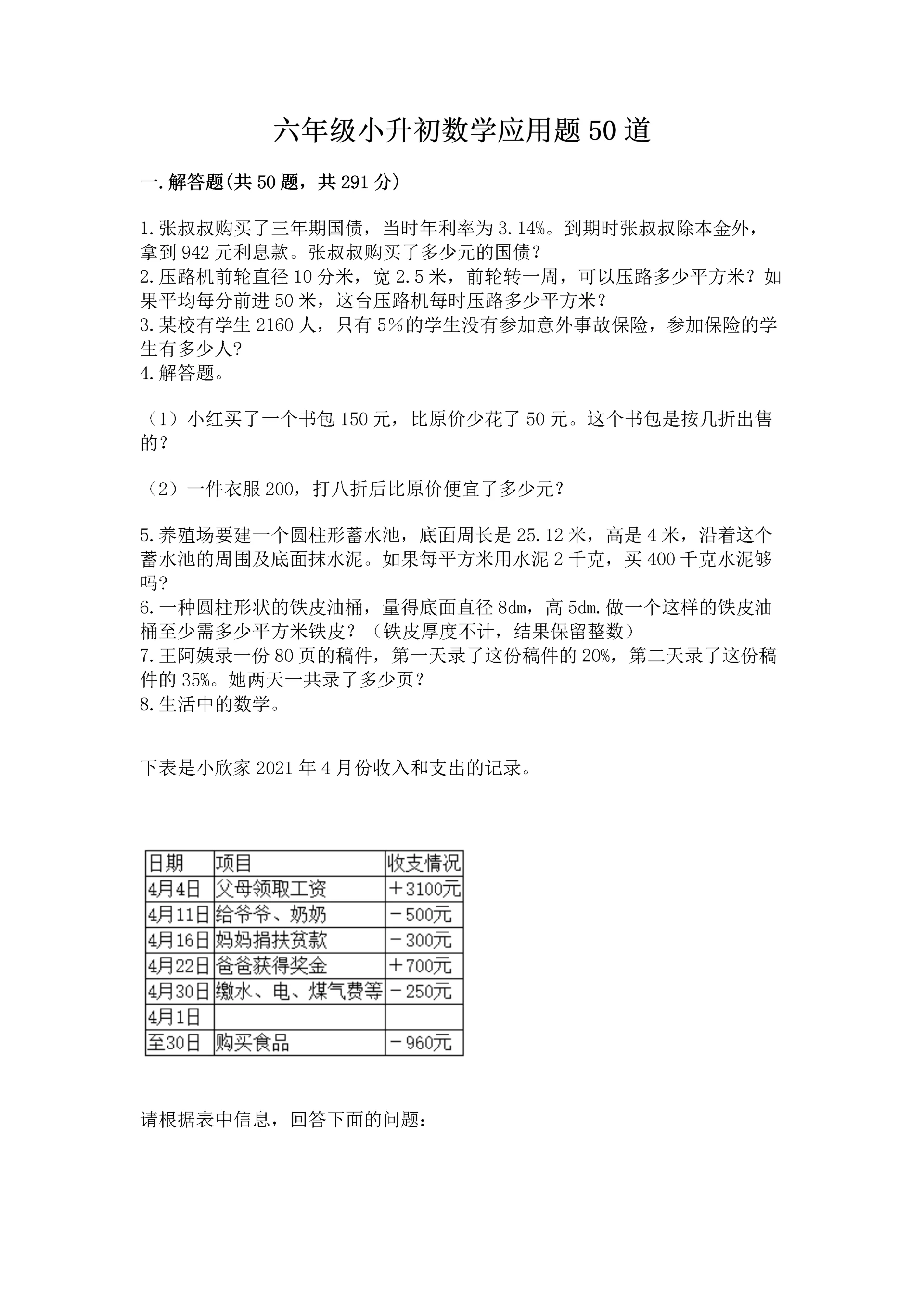 六年级小升初数学应用题50道及答案(必刷).docx