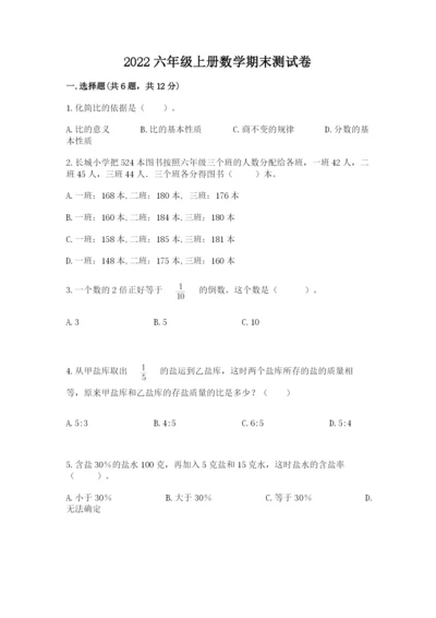 2022六年级上册数学期末测试卷附完整答案（有一套）.docx