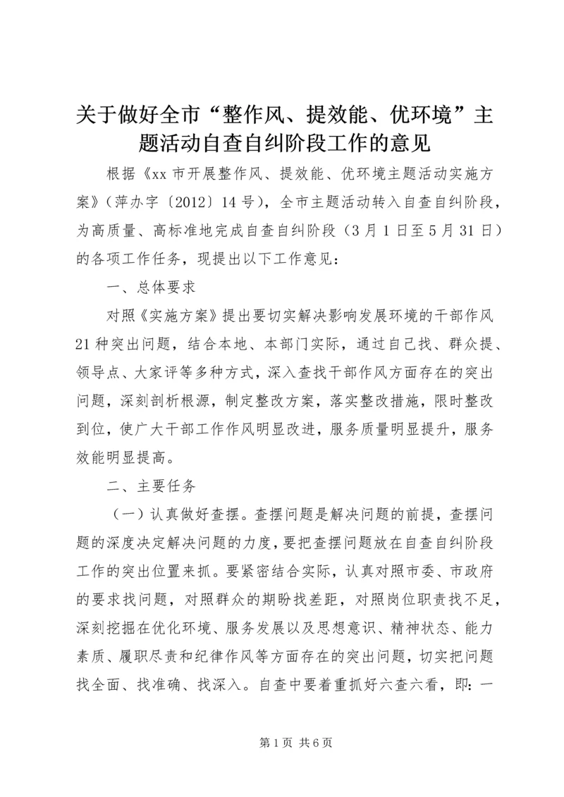 关于做好全市“整作风、提效能、优环境”主题活动自查自纠阶段工作的意见.docx