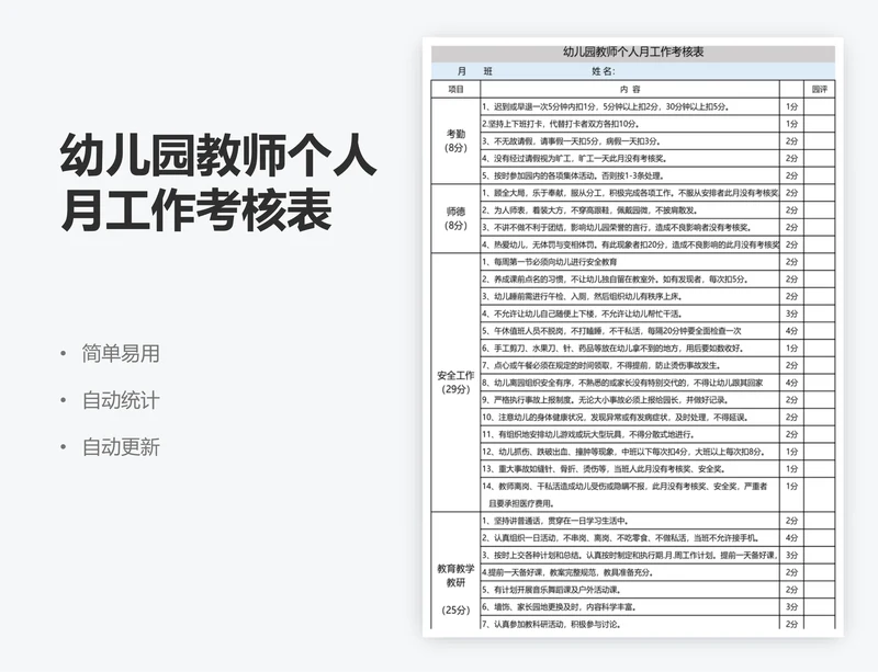 幼儿园教师个人月工作考核表