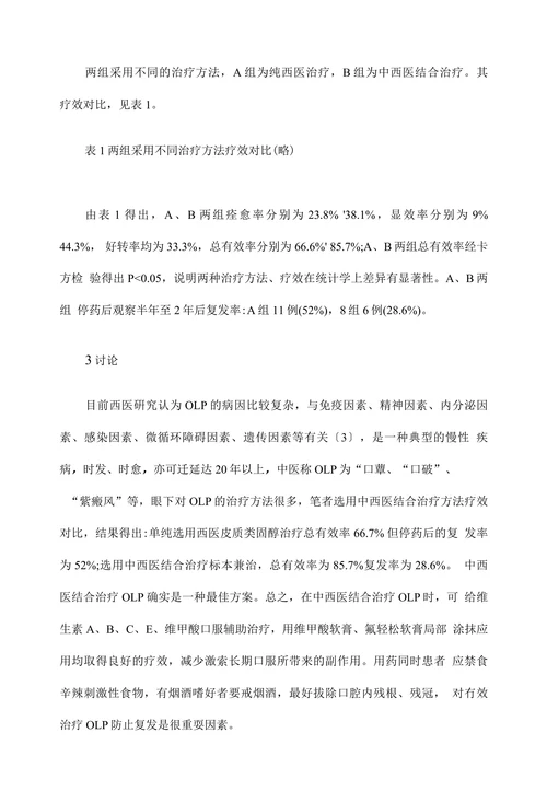 临床医学论文•中西医结合治疗口腔扁平苔薛42例疗效观察