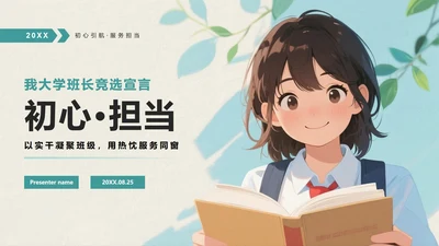 绿色手绘动漫插画风大学生班长竞选自我介绍PPT模板