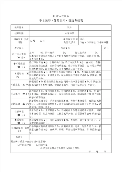 医师手术权限申请表 手术医师资质考核表 定期能力评价与再授权表x